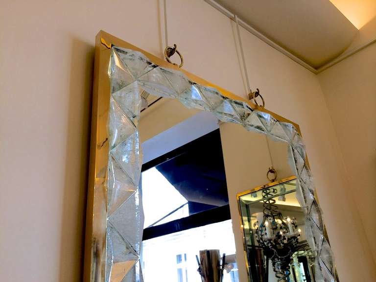 André Hayat Triangle Pyramid Rock Crystal Mirror with Gold Bronze Frame In Excellent Condition For Sale In Paris, ile de france