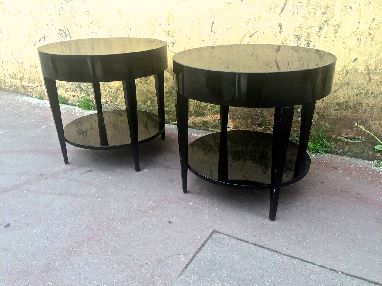 French Black Lacquered Pair of Two-Tier Side Tables For Sale