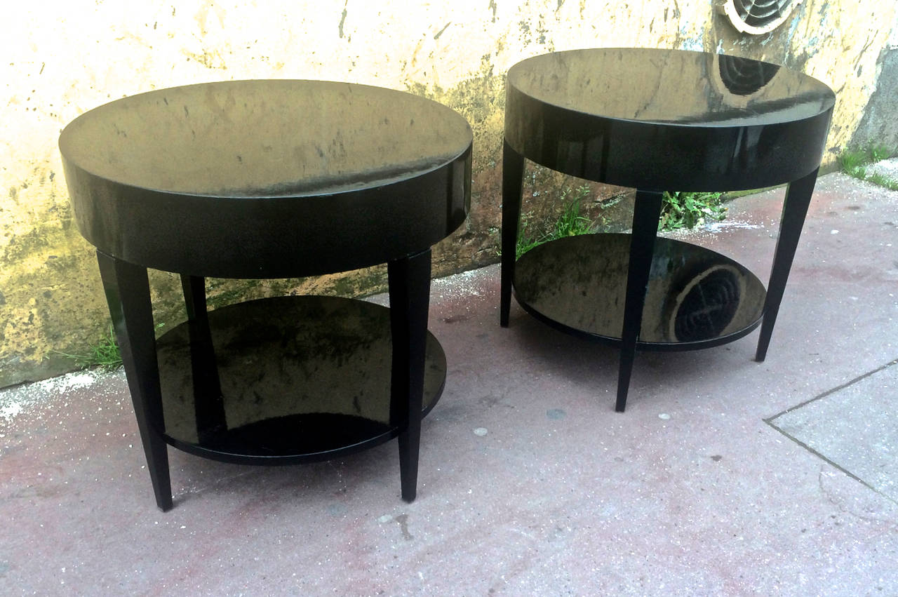 Mid-20th Century Black Lacquered Pair of Two-Tier Side Tables For Sale