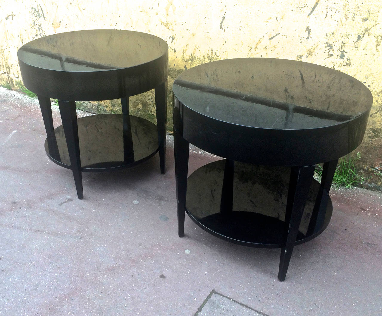 Wood Black Lacquered Pair of Two-Tier Side Tables For Sale