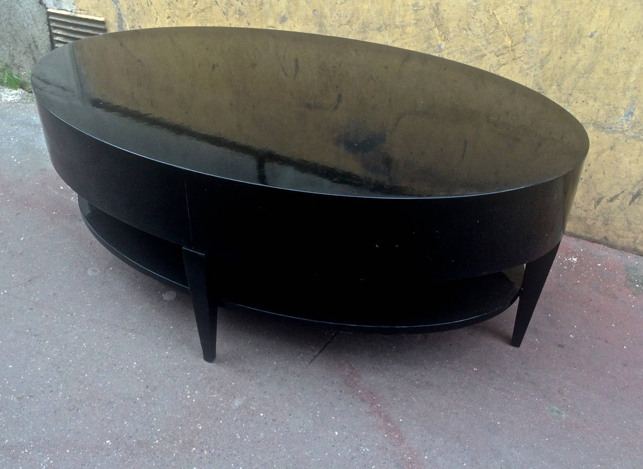French Large Black Lacquered Two-Tier Coffee Table