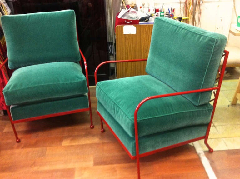 Jean Royère Rare Pair of Croisillon Arm Chairs in Red Iron In Good Condition In Paris, ile de france