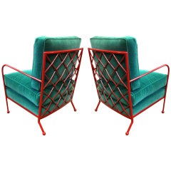 Jean Royère Rare Pair of Croisillon Arm Chairs in Red Iron