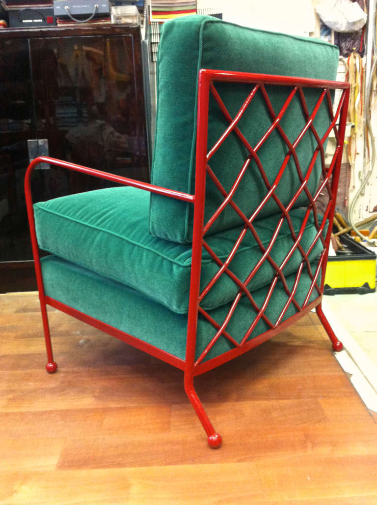 Mid-20th Century Jean Royère Rare Pair of Croisillon Arm Chairs in Red Iron