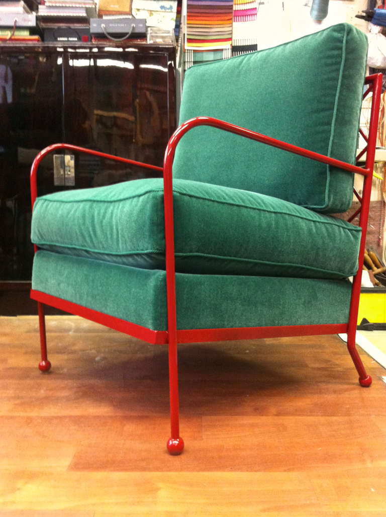 Jean Royère Rare Pair of Croisillon Arm Chairs in Red Iron 1