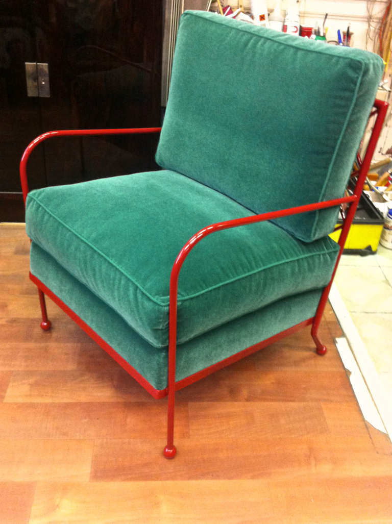 Mid-Century Modern Jean Royère Rare Pair of Croisillon Arm Chairs in Red Iron