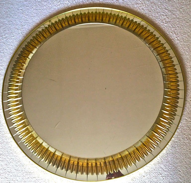 Large 1960's Circular Mirror with Ray Gold Ear Corn Engraved Glass Frame 4