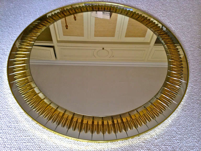 French Large 1960's Circular Mirror with Ray Gold Ear Corn Engraved Glass Frame