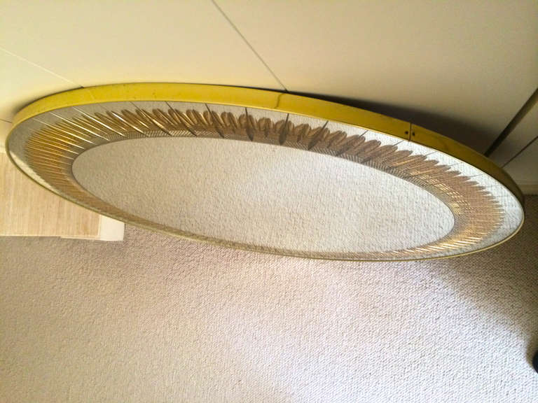 Mid-20th Century Large 1960's Circular Mirror with Ray Gold Ear Corn Engraved Glass Frame