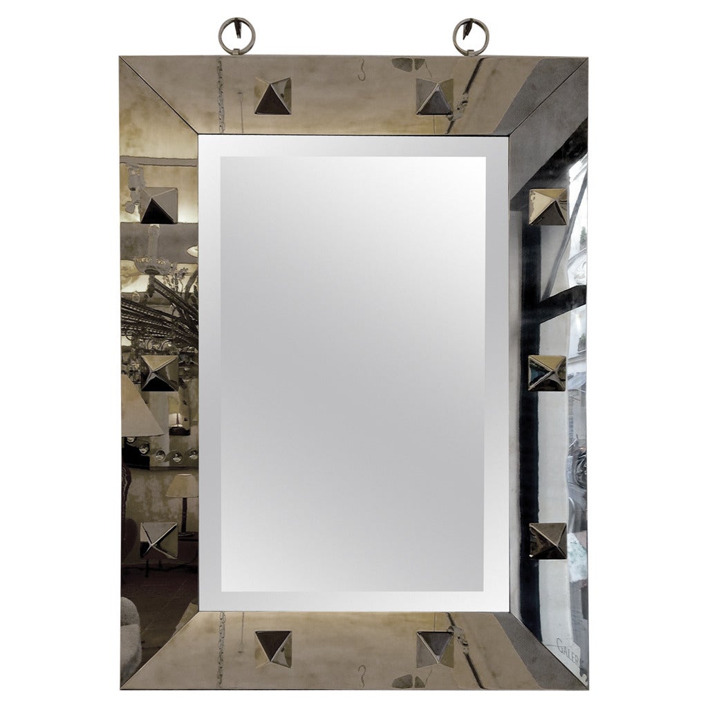 Gold Bronze Framed Mirror with Gold Pyramid by Andre Hayat For Sale