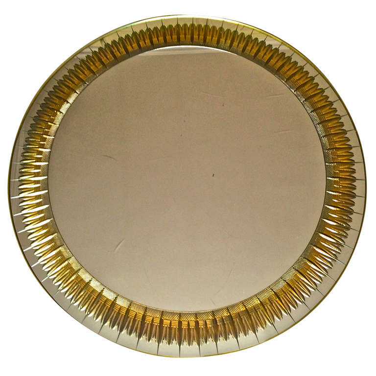 Large 1960's Circular Mirror with Ray Gold Ear Corn Engraved Glass Frame