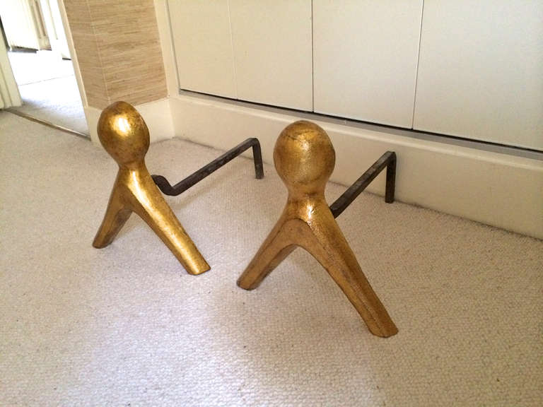 French 1950s Pair of Wrought Iron Andirons with Gold Leaf Abstract Figures 3