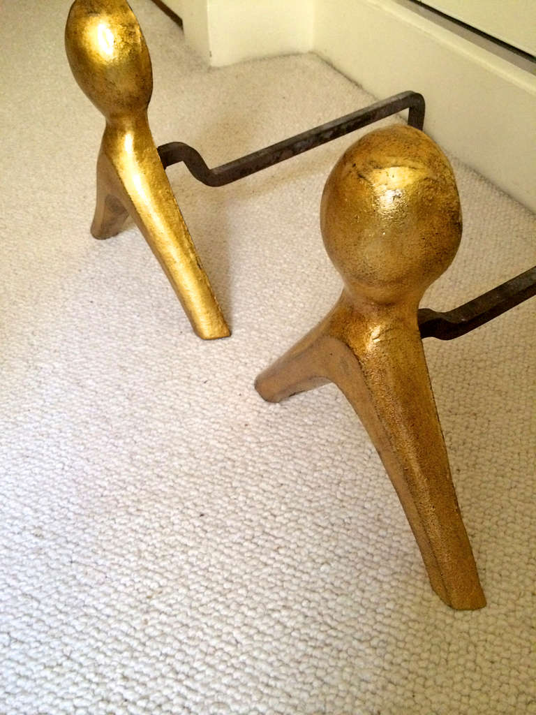 French 1950s Pair of Wrought Iron Andirons with Gold Leaf Abstract Figures 1