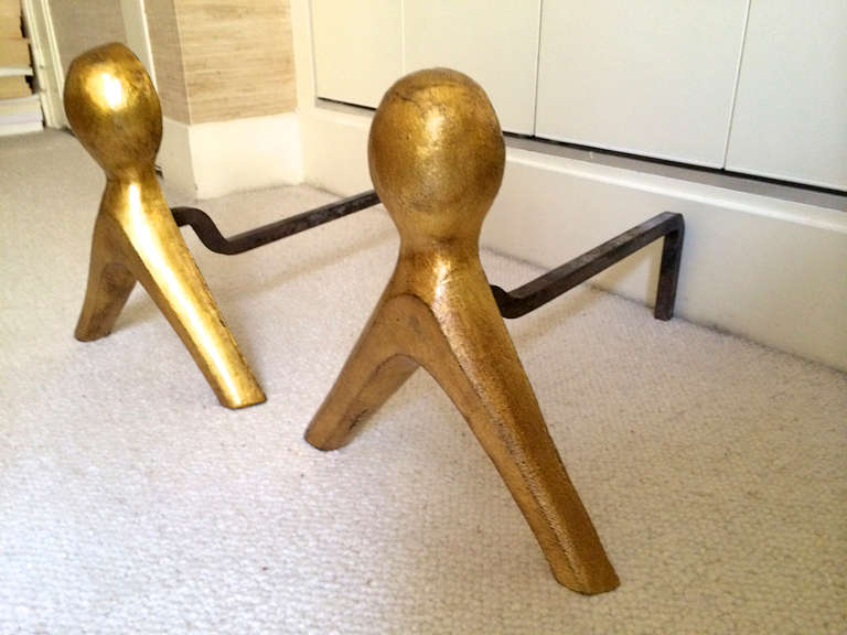 Mid-Century Modern French 1950s Pair of Wrought Iron Andirons with Gold Leaf Abstract Figures