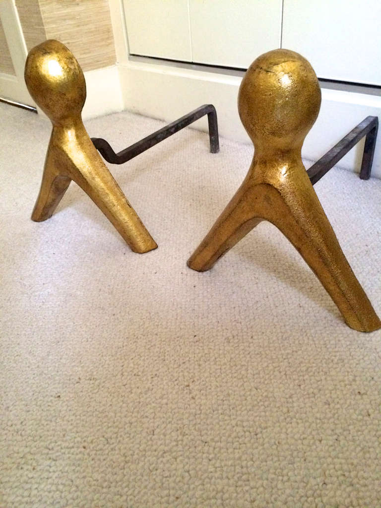 French 1950s Pair of Wrought Iron Andirons with Gold Leaf Abstract Figures 2