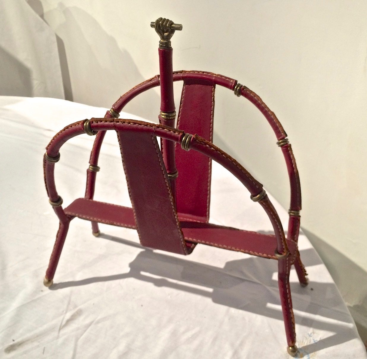 French Jacques Adnet Hand-Stitched Leather Magazine Rack in Red Hermès Color