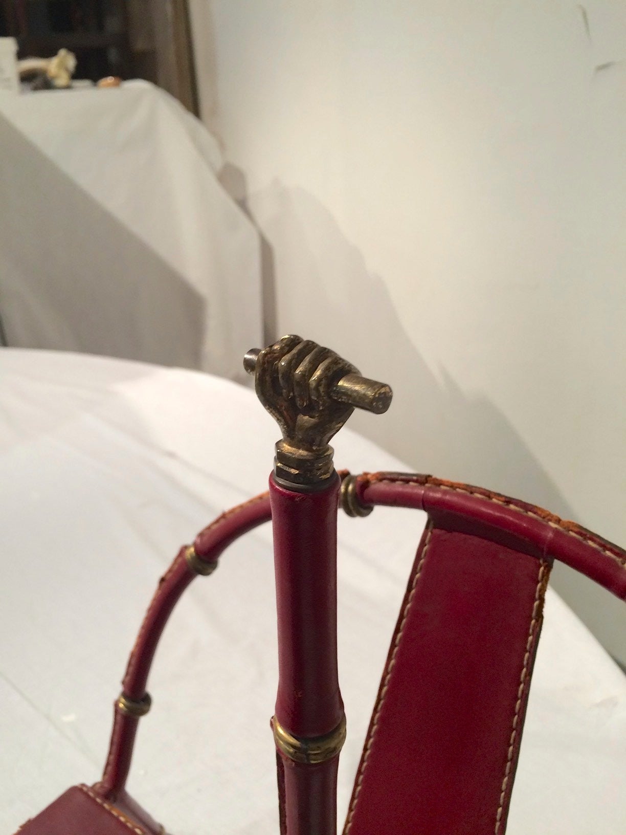 Jacques Adnet Hand-Stitched Leather Magazine Rack in Red Hermès Color