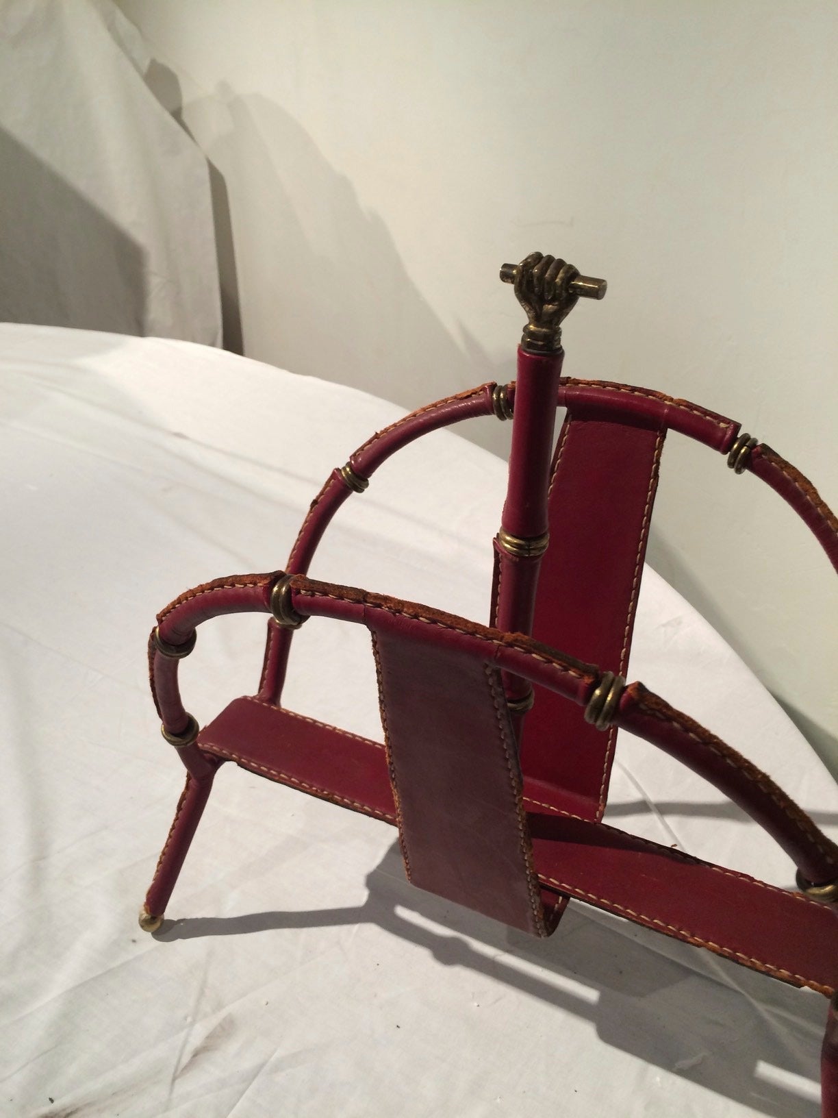 Mid-20th Century Jacques Adnet Hand-Stitched Leather Magazine Rack in Red Hermès Color