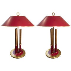 French Neoclassic Pair of "Bouillotte" Lamps in Bronze and Red Lacquer