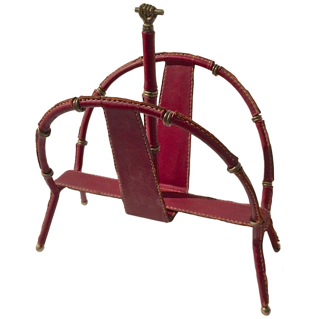 Jacques Adnet Hand-Stitched Leather Magazine Rack in Red Hermès Color