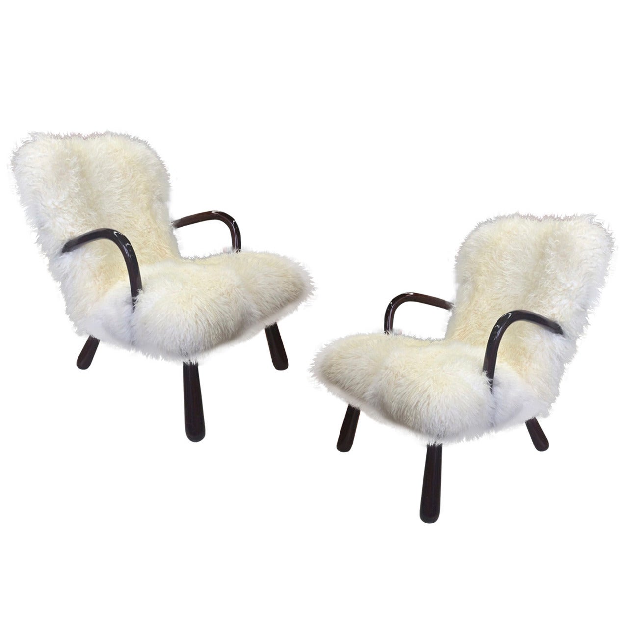Philip Arctander Pair of "Clam" Chairs Covered in Long Hair Sheep Fur