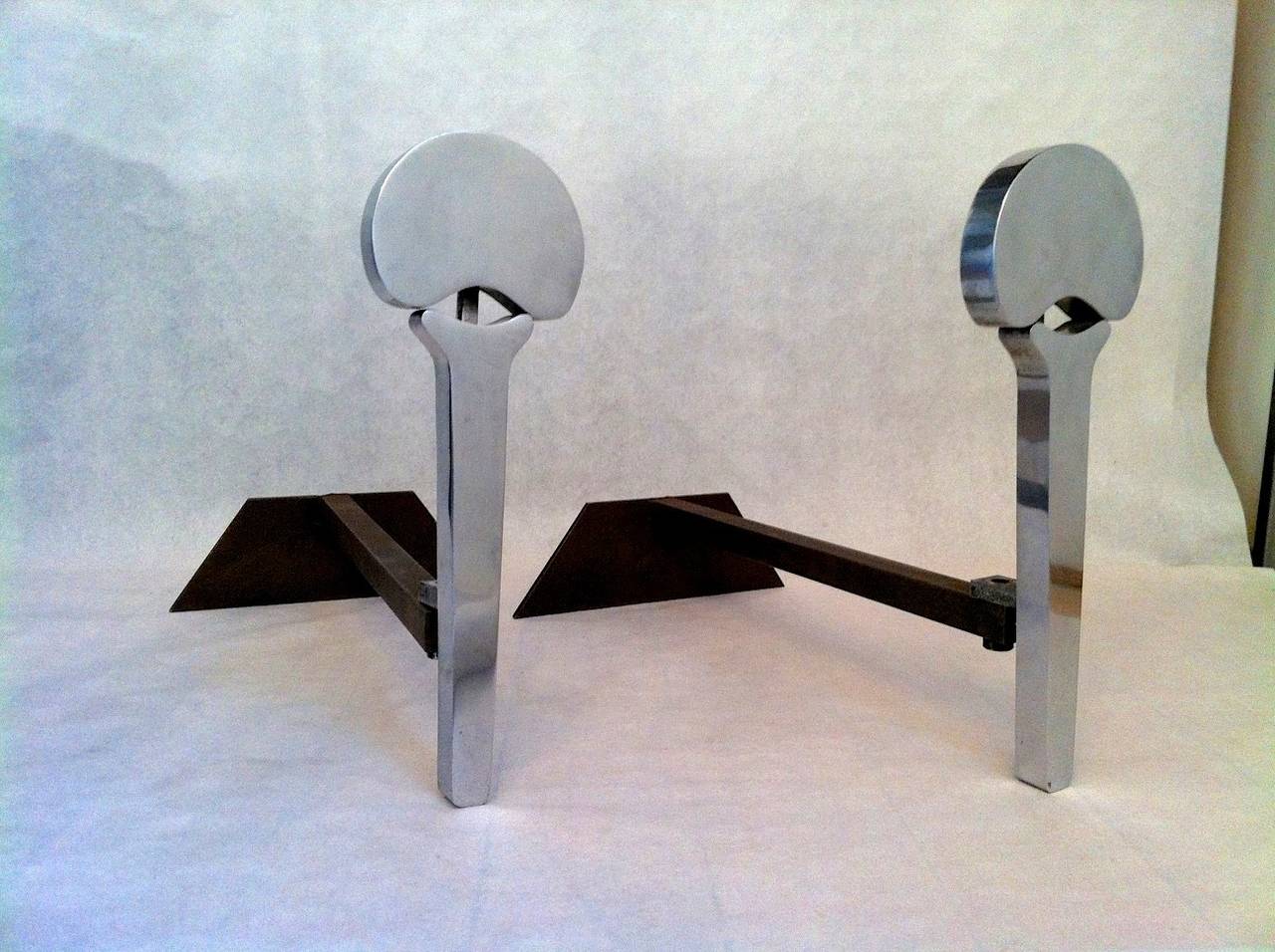 French Francois Monnet 1970s Pair of Brushed Steel Andirons For Sale