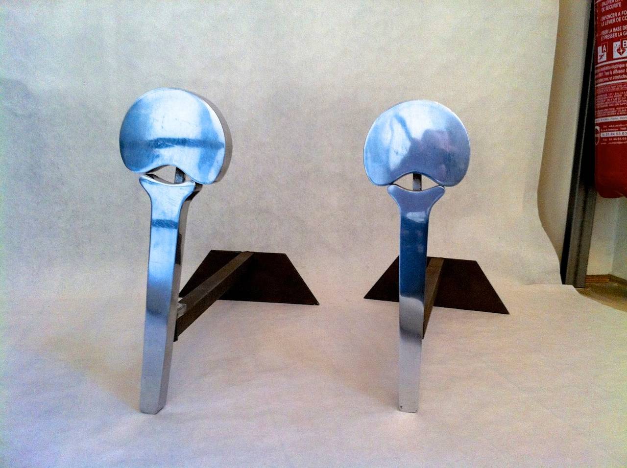 Mid-Century Modern Francois Monnet 1970s Pair of Brushed Steel Andirons For Sale
