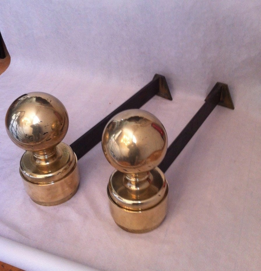 Sturdy 1940s French solid gold bronze pair of andirons.