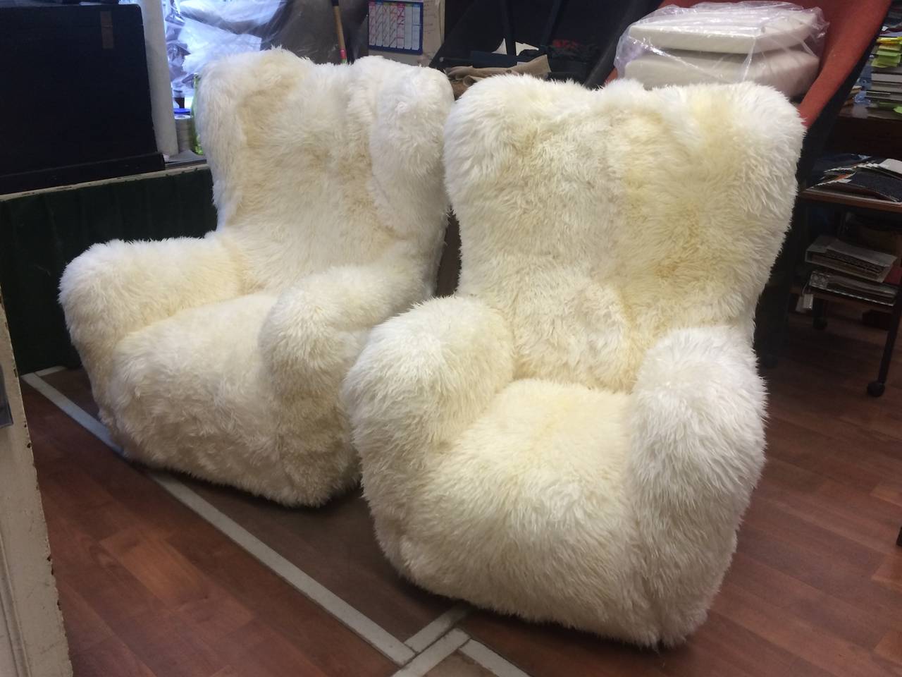 Danish Fritz Hansen Large Pair of Teddy Bear Club Chairs in Long Sheepskin Hair For Sale