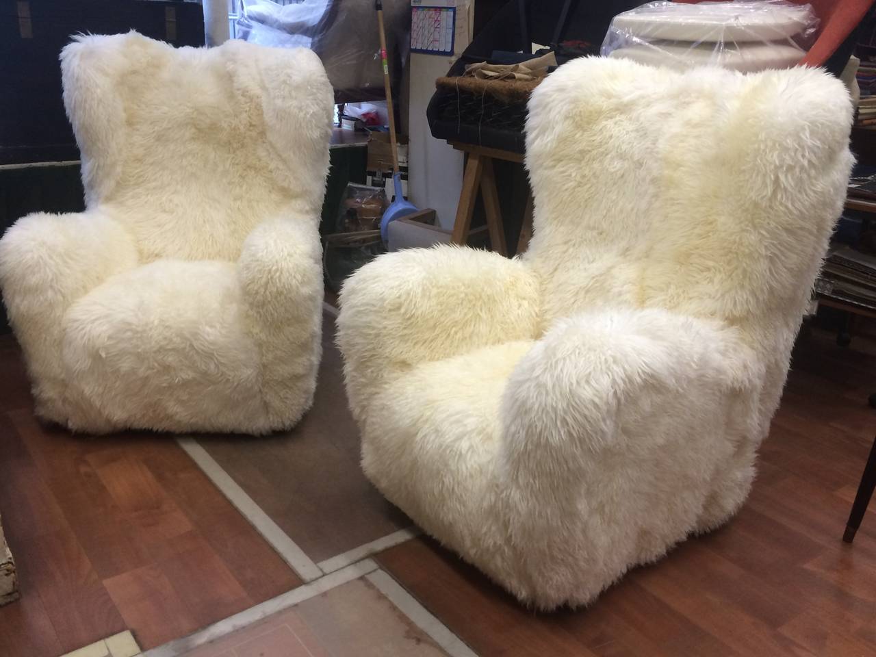 Mid-Century Modern Fritz Hansen Large Pair of Teddy Bear Club Chairs in Long Sheepskin Hair For Sale