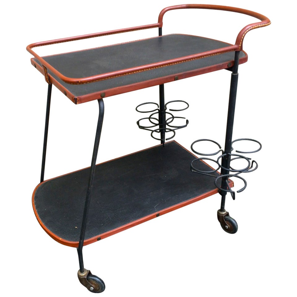 Jacques Adnet 1950s Black and Brown Hand-Stitched Leather Bar Rolling Table For Sale