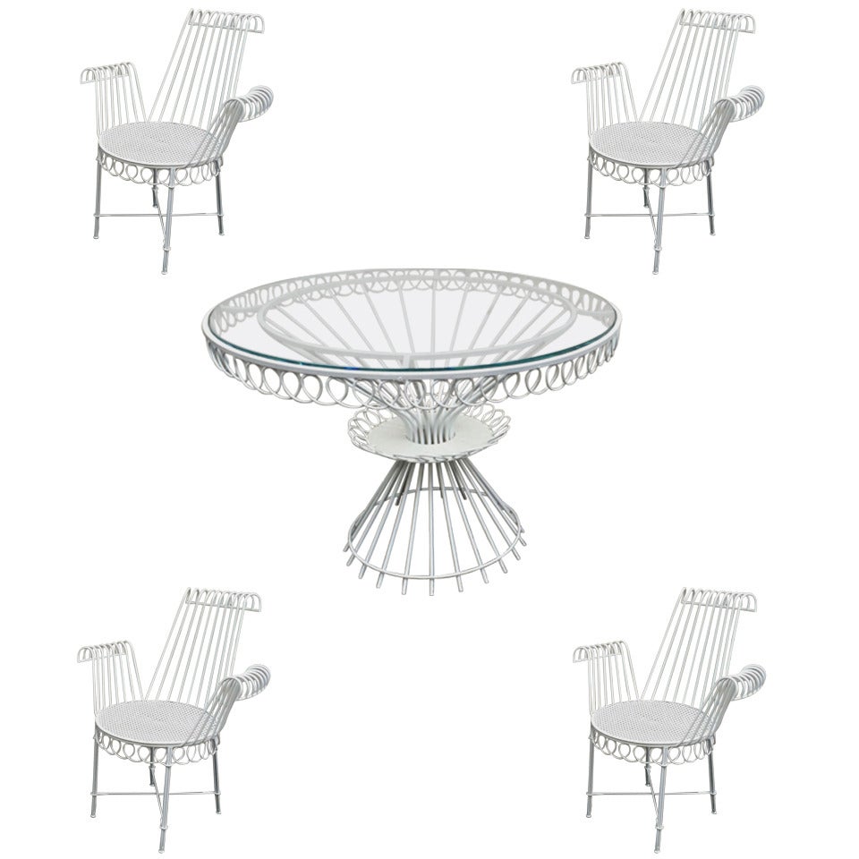 Mathieu Matégot Model "Cap d'ail" White Dining Set Table and Four Armchairs For Sale