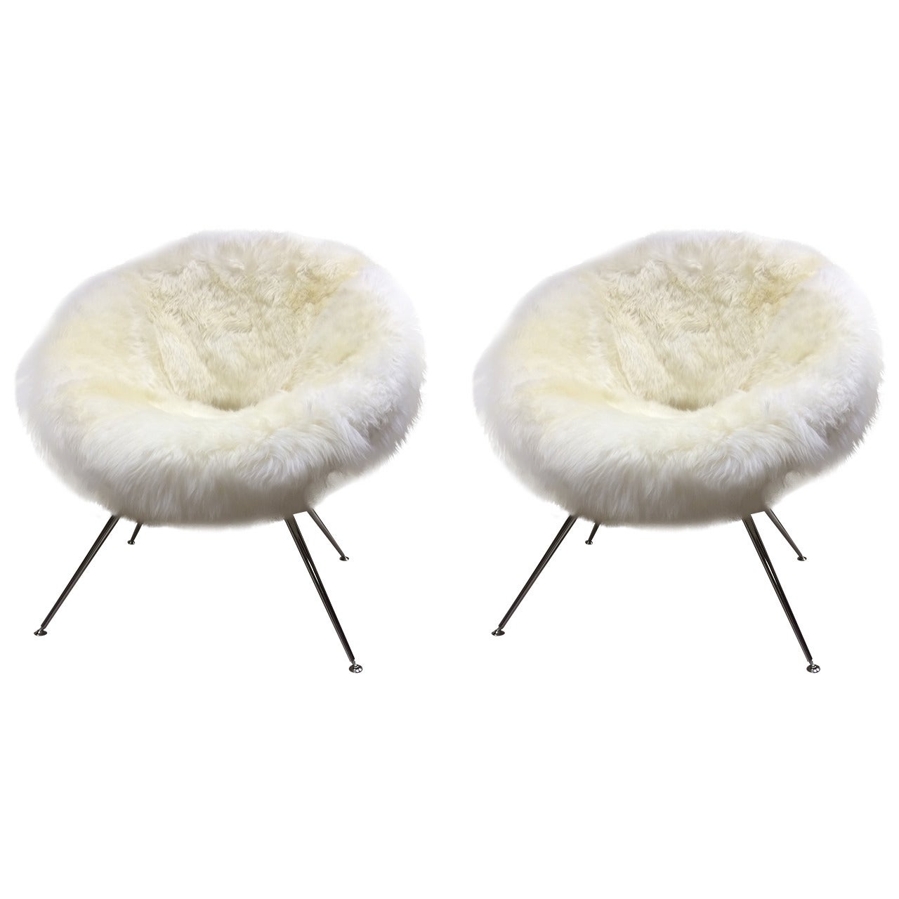 Flying Saucer Style Pair of Chairs Covered in Genuine Long Haired Sheep Skin Fur For Sale