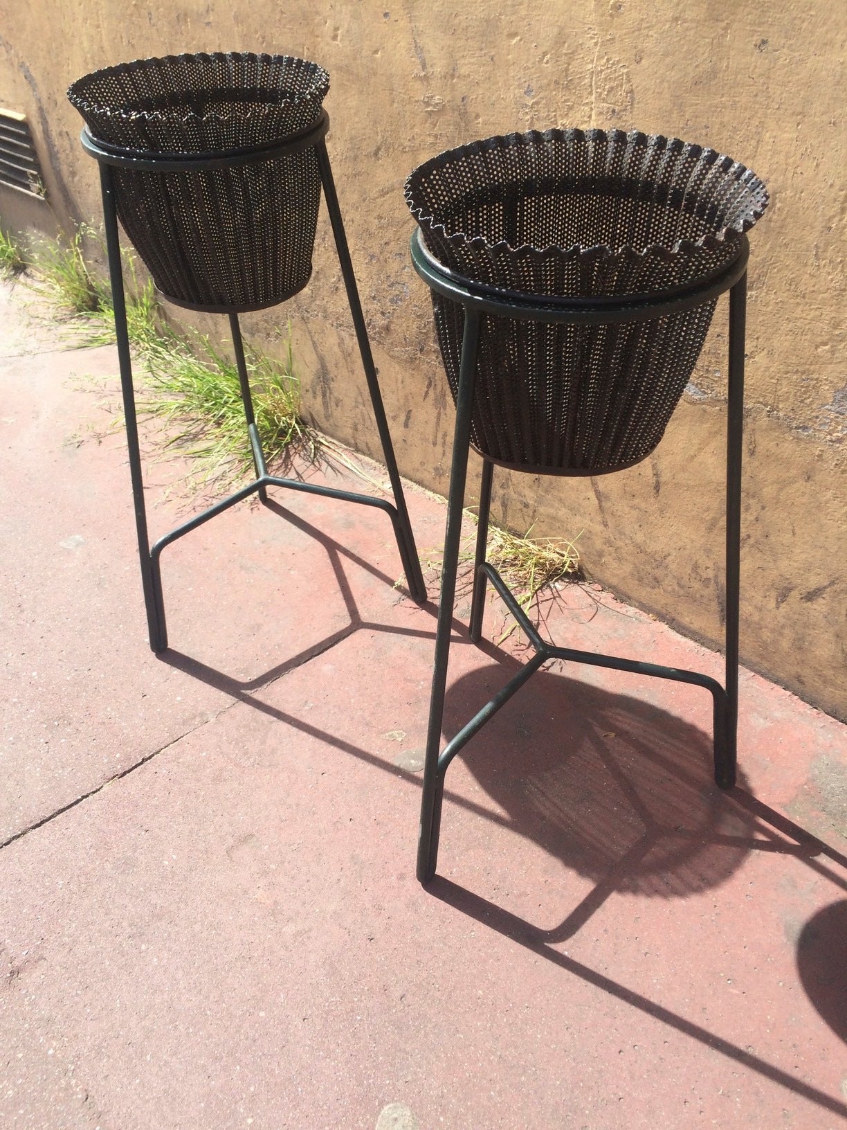Mid-20th Century Mathieu Matégot Pair of Planters in Wrought Iron and Rigitule For Sale