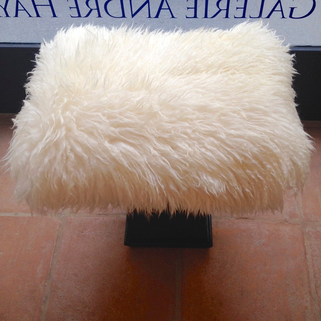 Mid-Century Modern Spectacular Danish Stool in Black Lacquered Wood and Real Fur For Sale
