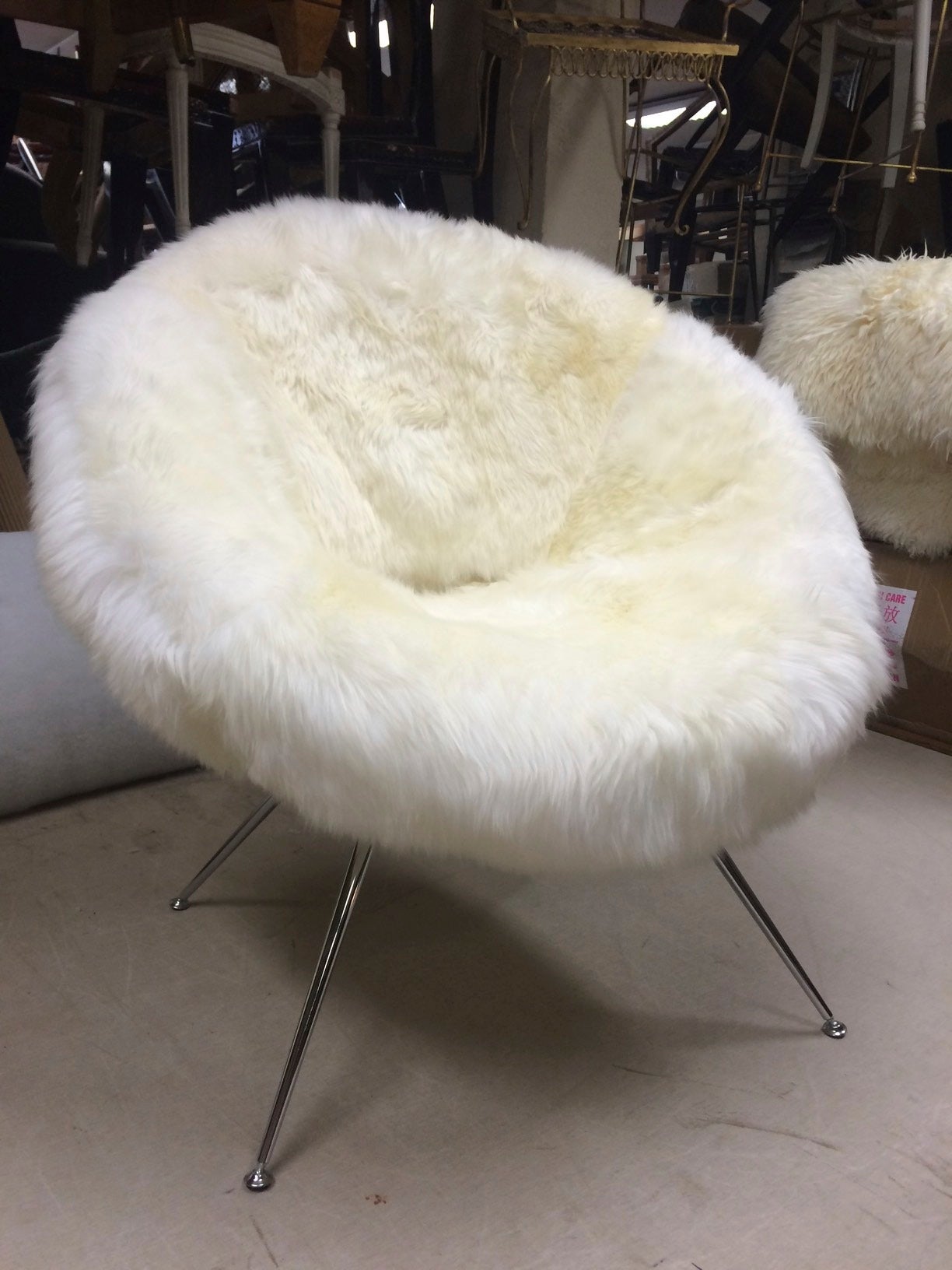 Mid-Century Modern Flying Saucer Style Pair of Chairs Covered in Genuine Long Haired Sheep Skin Fur For Sale