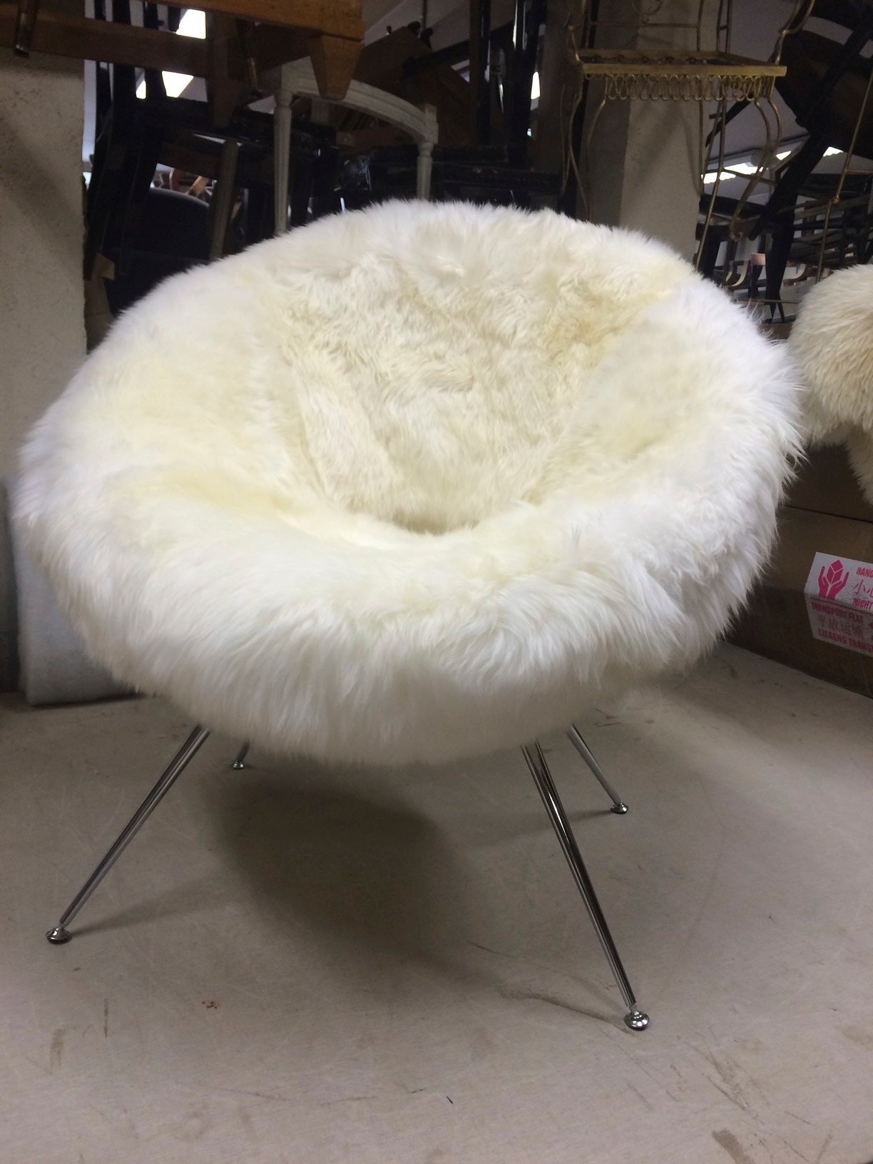 Mid-20th Century Flying Saucer Style Pair of Chairs Covered in Genuine Long Haired Sheep Skin Fur For Sale