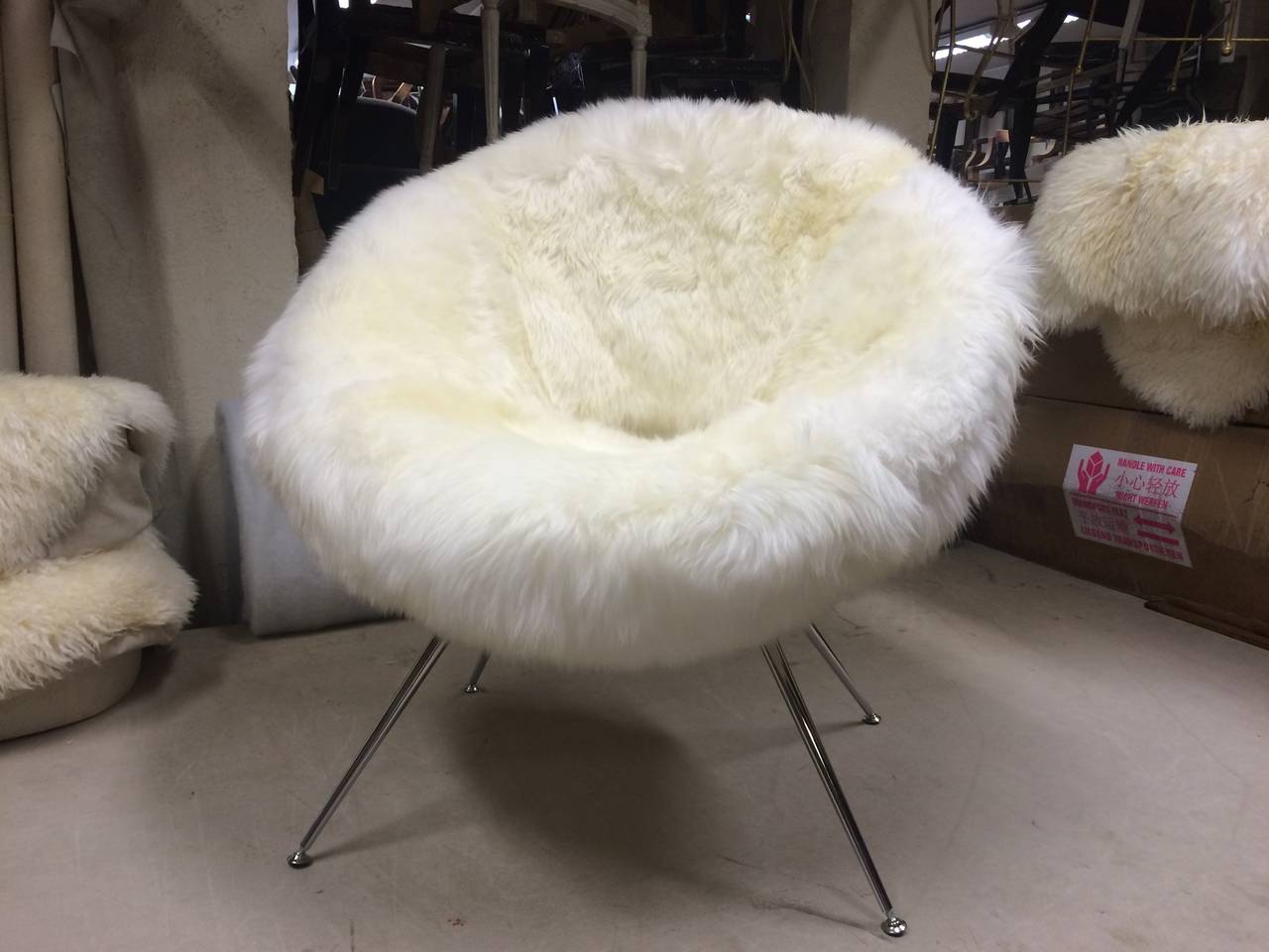 Chrome Flying Saucer Style Pair of Chairs Covered in Genuine Long Haired Sheep Skin Fur For Sale