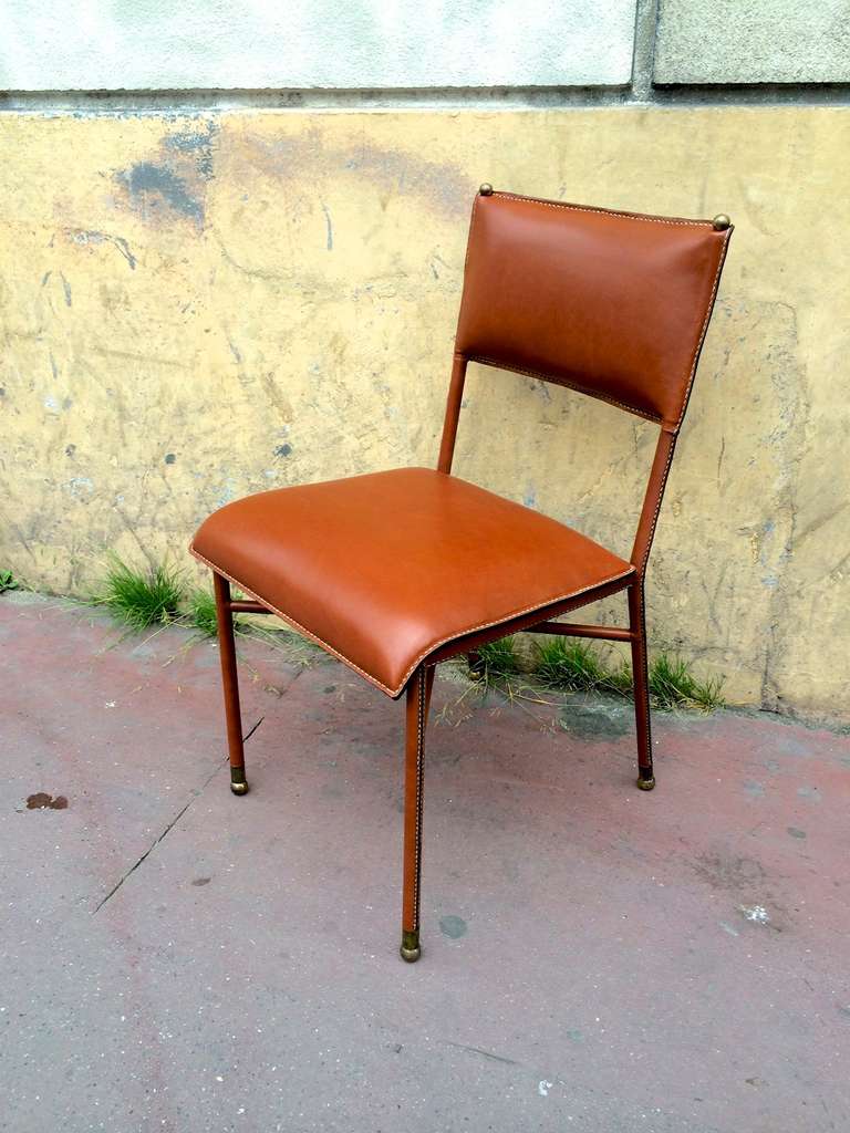 Jacques Adnet 1950s Set of Four Chairs in Brown Hand-Stitched Leather 3
