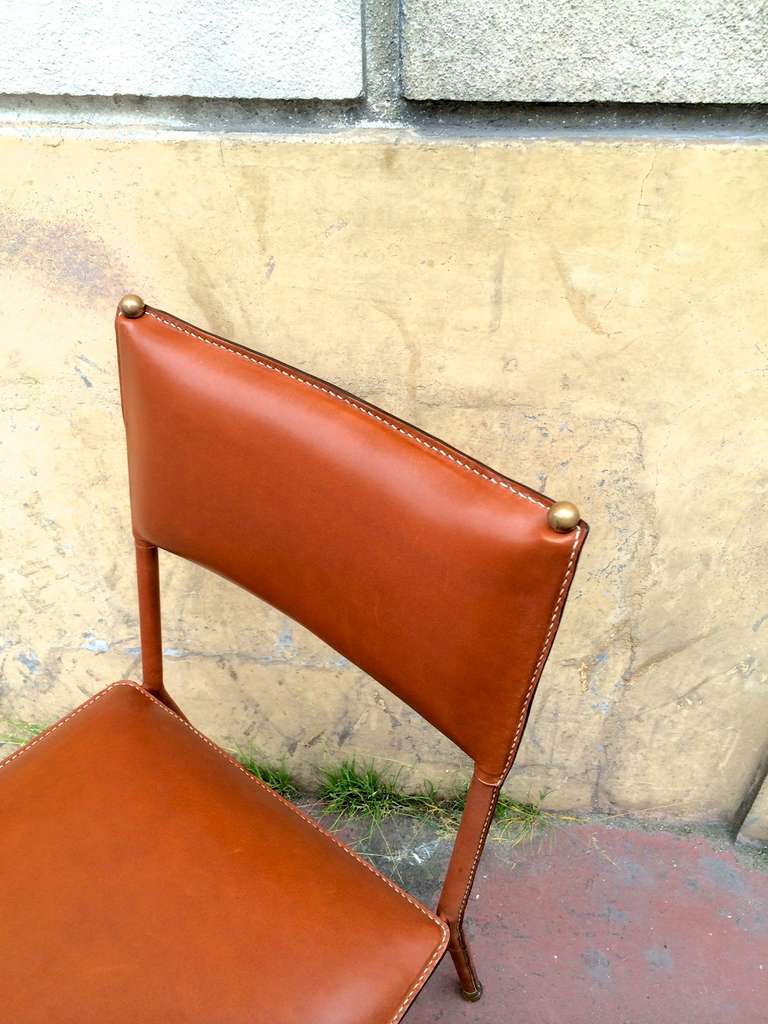 French Jacques Adnet 1950s Set of Four Chairs in Brown Hand-Stitched Leather