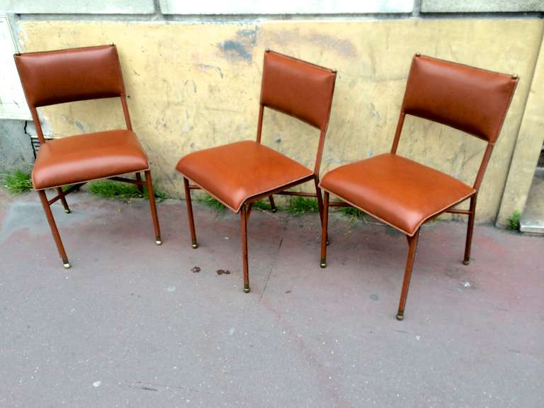 Jacques Adnet 1950s Set of Four Chairs in Brown Hand-Stitched Leather In Good Condition In Paris, ile de france