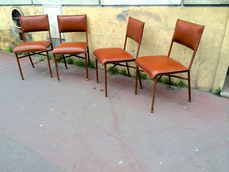 Mid-Century Modern Jacques Adnet 1950s Set of Four Chairs in Brown Hand-Stitched Leather