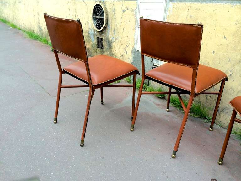 Jacques Adnet 1950s Set of Four Chairs in Brown Hand-Stitched Leather 1