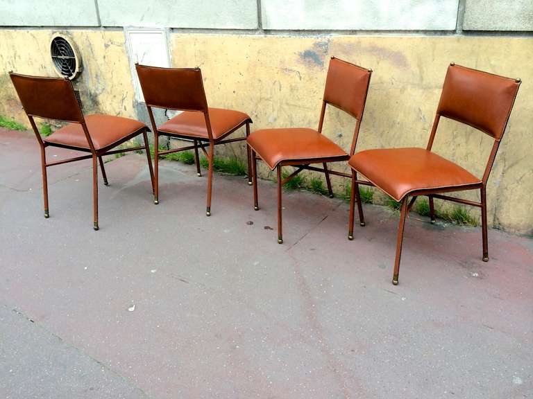 Mid-20th Century Jacques Adnet 1950s Set of Four Chairs in Brown Hand-Stitched Leather