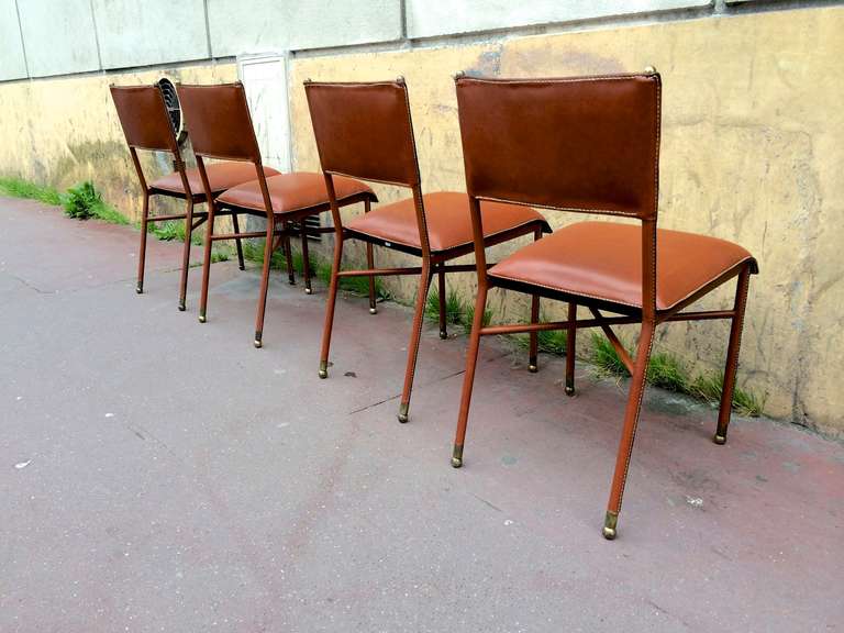 Brass Jacques Adnet 1950s Set of Four Chairs in Brown Hand-Stitched Leather