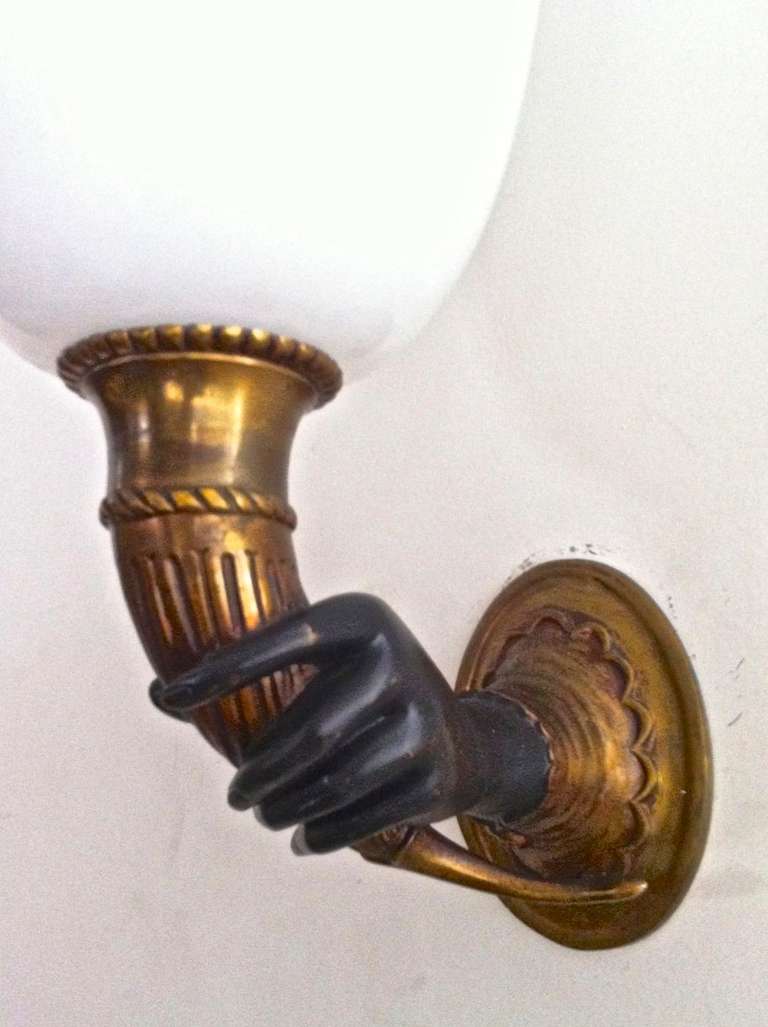 French John Devoluy 1940s Pair of Hand and Cornucopia Solid Bronze Sconces For Sale