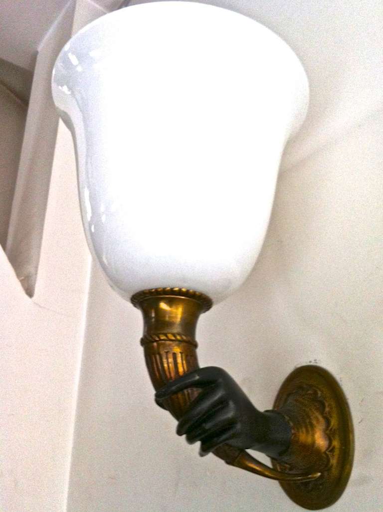 John Devoluy 1940s Pair of Hand and Cornucopia Solid Bronze Sconces