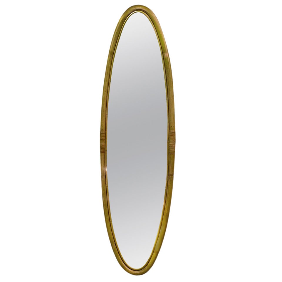 1950s Riviera Superb Design Long Oval Rattan Mirror in Good Vintage Condition For Sale