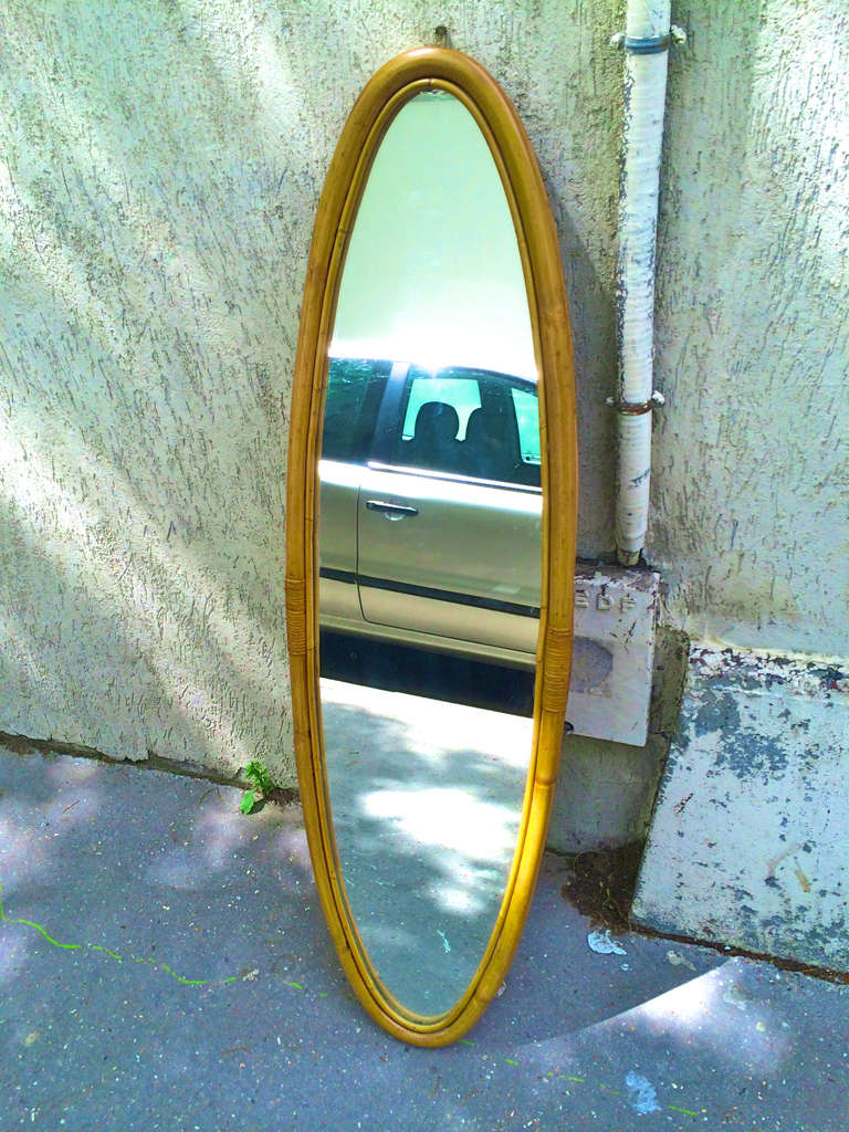 French 1950s Riviera Superb Design Long Oval Rattan Mirror in Good Vintage Condition For Sale
