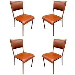 Jacques Adnet 1950s Set of Four Chairs in Brown Hand-Stitched Leather